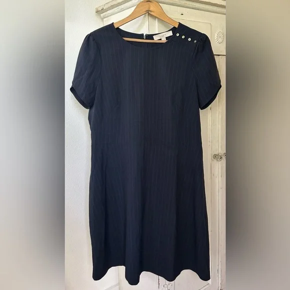 Ann Taylor LOFT | Women’s navy/white pinstripe dress, flutter cap sleeves, sz 14 - Picture 10 of 14